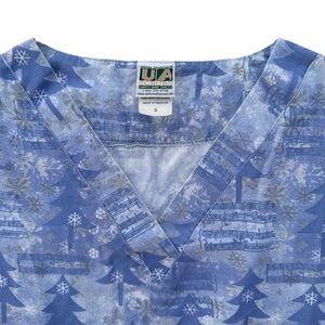 Blue Winter Forest & Musical Notes Print Scrub Top Medical Uniform Unisex Small